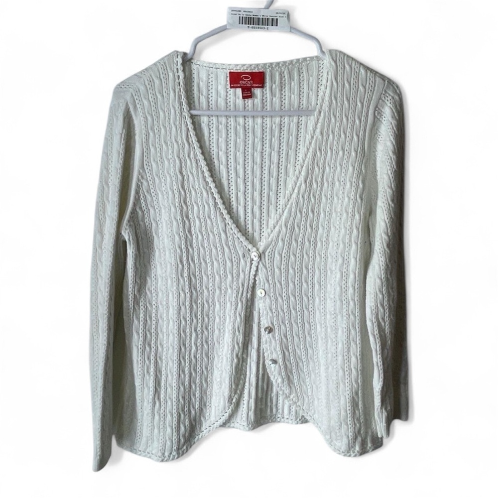 Oscar De La Renta Women's Cream Cable & Open Knit Cardigan cotton Sweater Size L